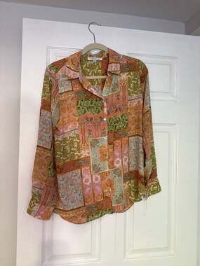 Rose + Olive Women's Patchwork Paisley Button-Up Long Sleeve Blouse